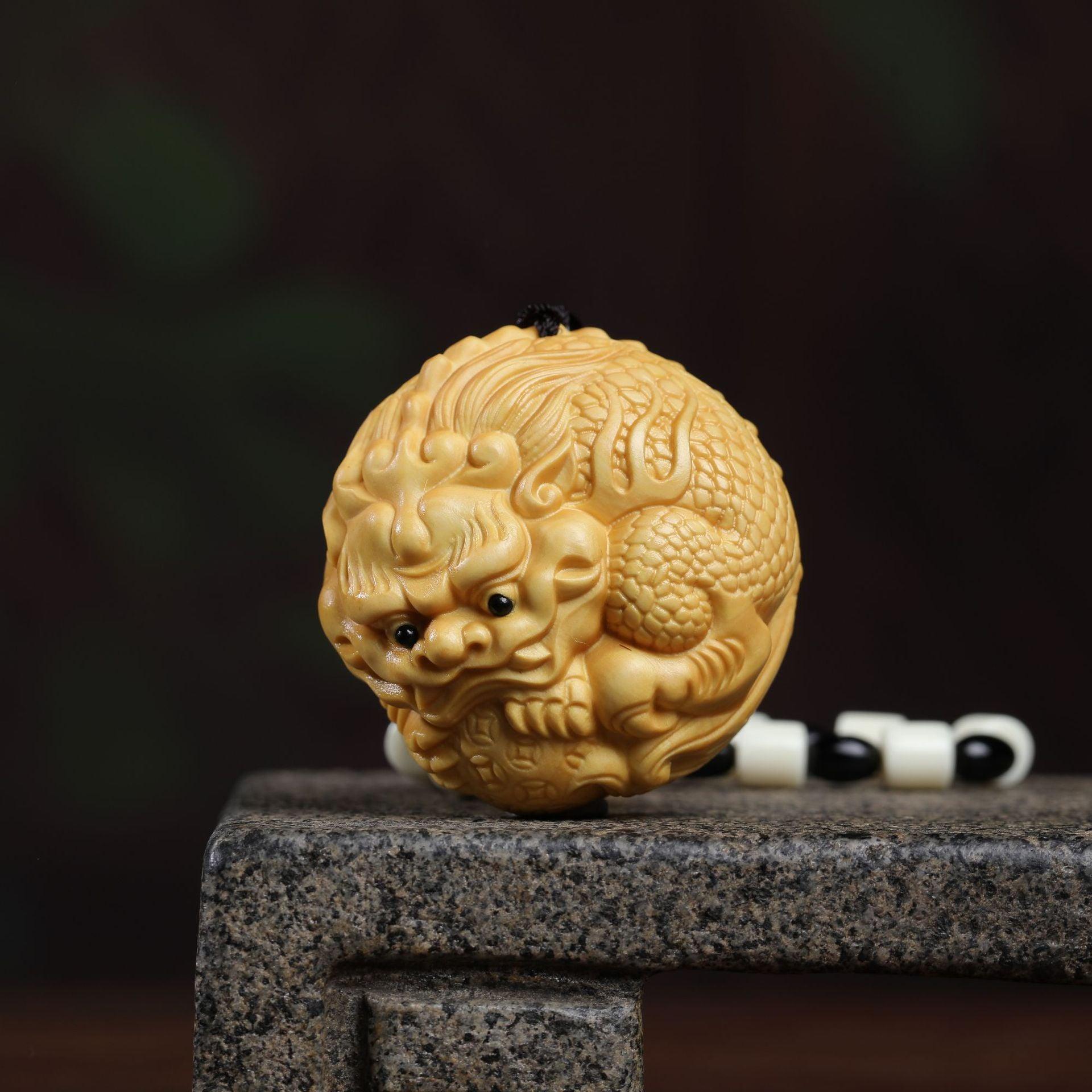 Boxwood carving——The Master gives energy to keep the treasure safe hanging ornaments - Oriental Culture Shop