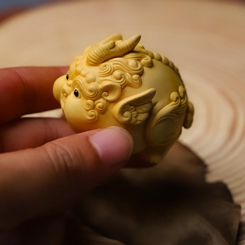 Boxwood carving lovely Pixiu hand piece living room office desktop home furnishings - Pixiu, the mythical animal that attracts wealth - Oriental Culture Shop