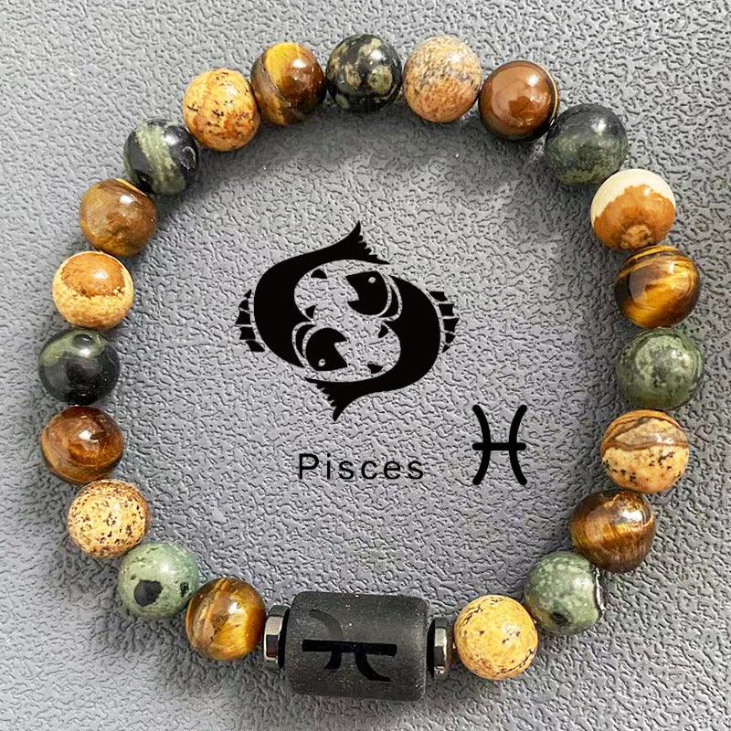 Natural obsidian, fire element, earth element in FengShui, twelve Constellations theme bracelet, Tiger Eye stone, beaded bracelet - Oriental Culture Shop
