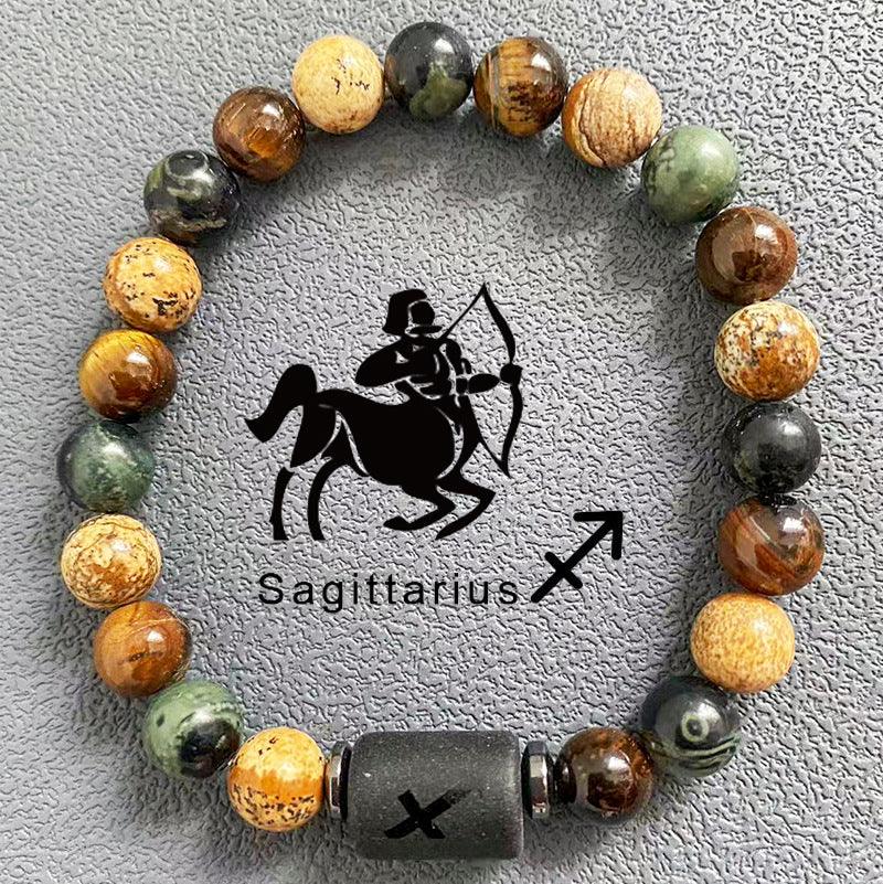 Natural obsidian, fire element, earth element in FengShui, twelve Constellations theme bracelet, Tiger Eye stone, beaded bracelet - Oriental Culture Shop