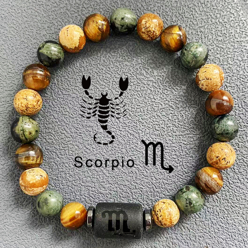 Natural obsidian, fire element, earth element in FengShui, twelve Constellations theme bracelet, Tiger Eye stone, beaded bracelet Oriental Culture Shop