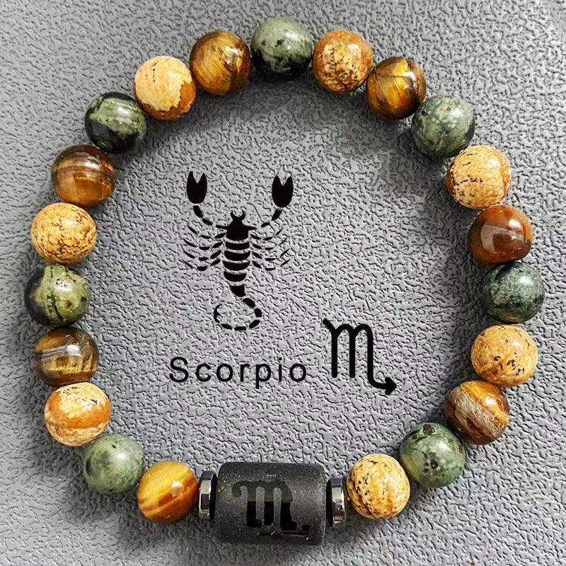 Natural obsidian, fire element, earth element in FengShui, twelve Constellations theme bracelet, Tiger Eye stone, beaded bracelet - Oriental Culture Shop