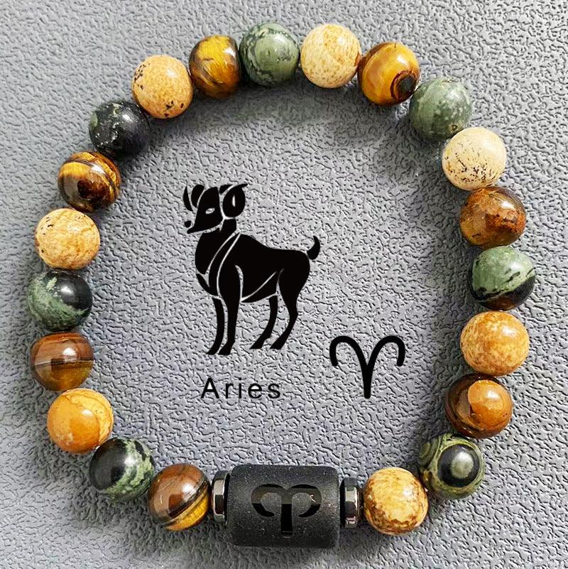 Natural obsidian, fire element, earth element in FengShui, twelve Constellations theme bracelet, Tiger Eye stone, beaded bracelet - Oriental Culture Shop