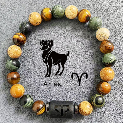 Natural obsidian, fire element, earth element in FengShui, twelve Constellations theme bracelet, Tiger Eye stone, beaded bracelet Oriental Culture Shop