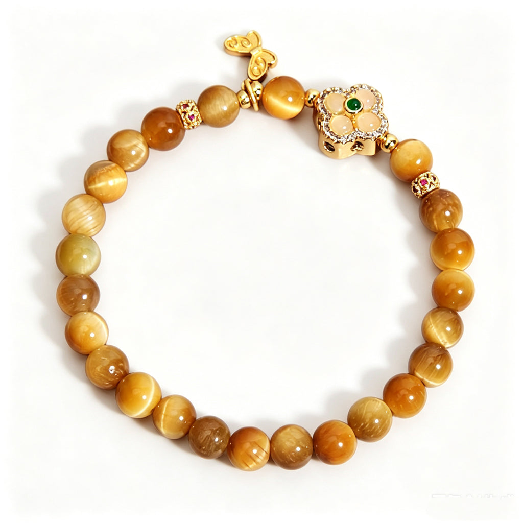 Full side layout of Earth Element tiger's eye bracelet, complete display of beads and butterfly charm, minimalist pure white background product photo