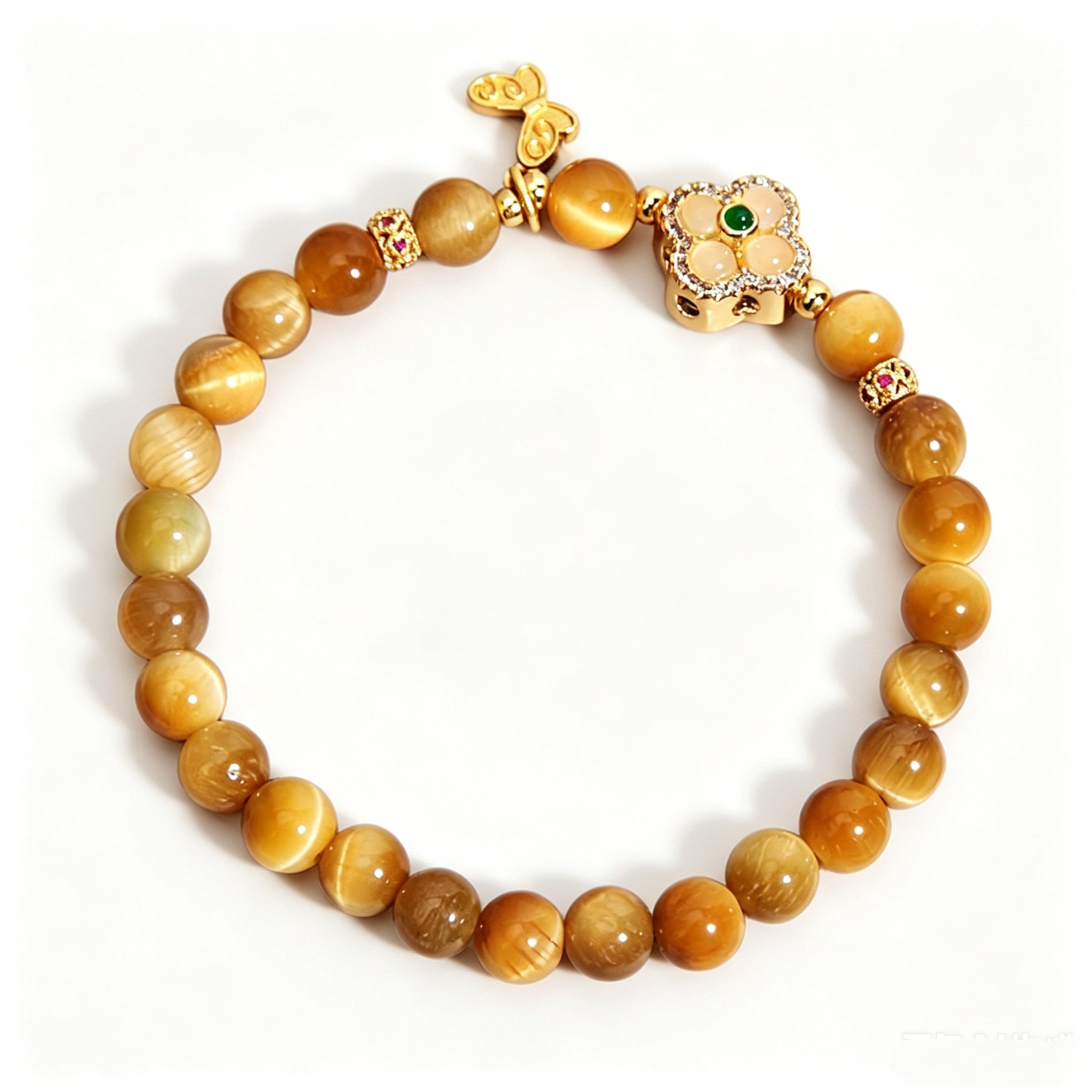 Full side layout of Earth Element tiger's eye bracelet, complete display of beads and butterfly charm, minimalist pure white background product photo