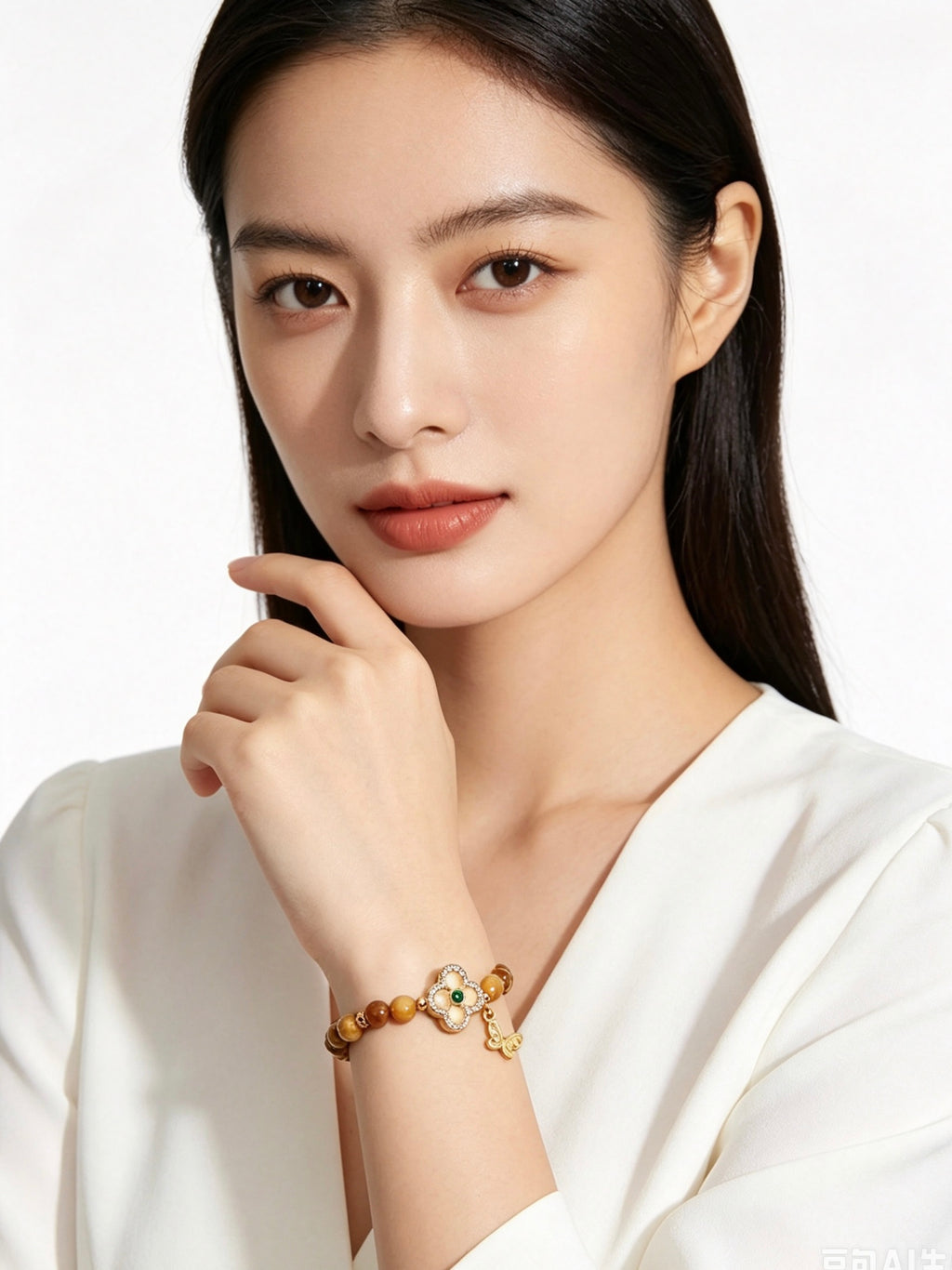 Partial upper body portrait of lady in all-white clothing showcasing earth tone tiger's eye bracelet, soft studio lighting, pure white background