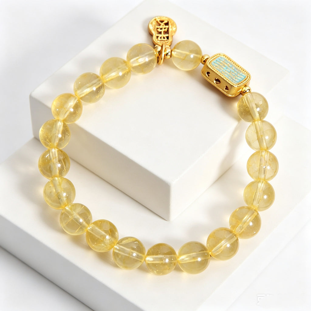 Upper body portrait of young woman in plain white tank top wearing Metal Balance citrine bracelet, only this single wrist jewelry with zero extra accessories, solid white background oriental fashion display