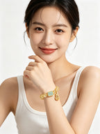 Upper body portrait of young woman in plain white tank top wearing Metal Balance citrine bracelet, only this single wrist jewelry with zero extra accessories, solid white background oriental fashion display