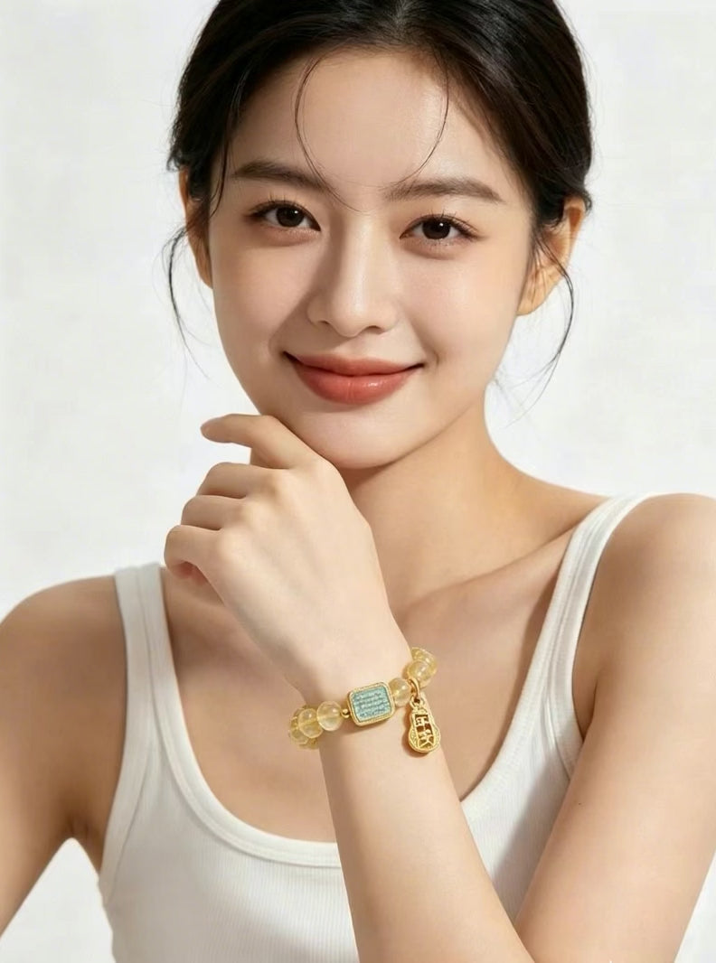 3:4 vertical styling short video showing warm golden citrine bracelet matching simple white casual daily outfit, partial upper body female model shot, clean white studio background2