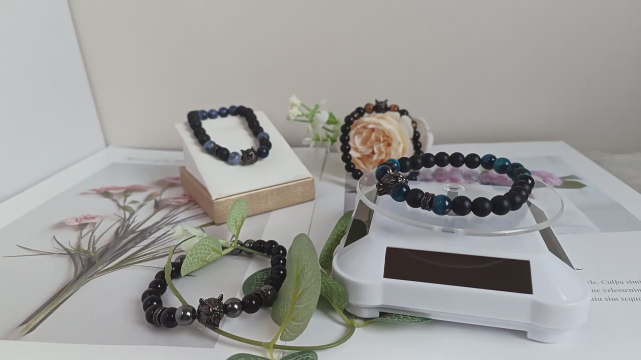 8 mm blaues Tigerauge-Armband, Wolfskopf-Armband für Herren mit Mikro-Zirkon – bringt Reichtum und Vitalität