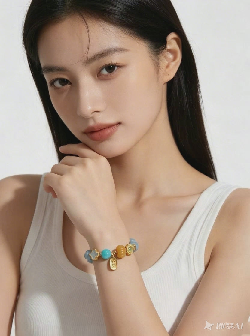 vertical styling video of cool blue water element aquamarine bracelet matching simple white casual vest, partial upper body model shot, minimalist white background, niche everyday oriental crystal jewelry