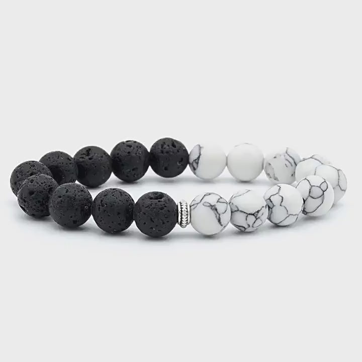 Paararmband aus Vulkanstein – handgefertigter Schmuck aus natürlichen schwarz-weißen Perlen, hochelastisch, verstellbar für passende Geschenke