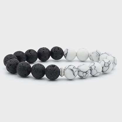 Handmade beaded high stretch black and white couple natural volcanic stone bracelet