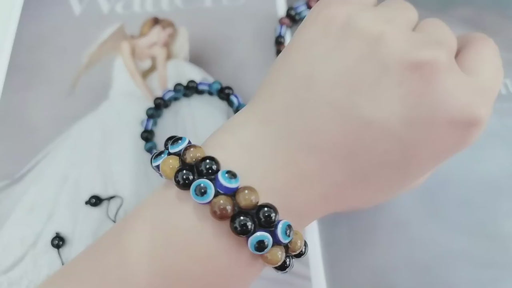 Evil Eye Tigerauge und Hämatit Doppellagiges geflochtenes Armband mit Natursteinen