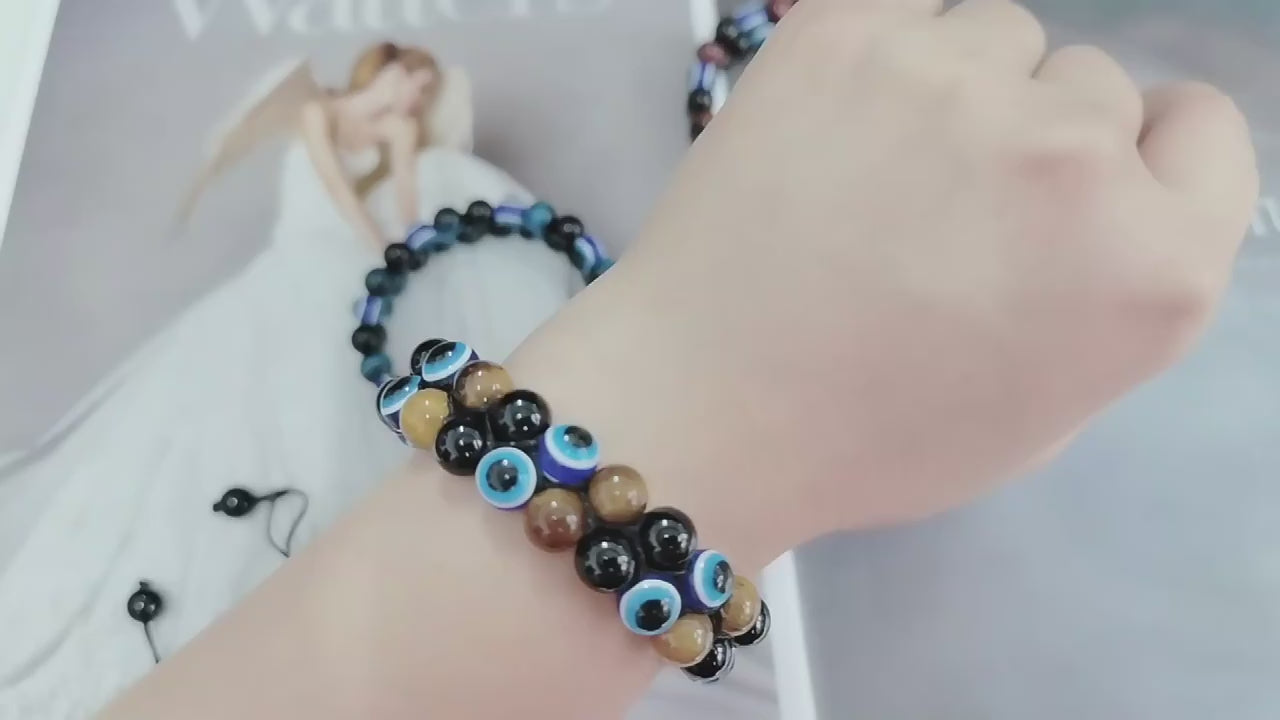 Evil Eye Tigerauge und Hämatit Doppellagiges geflochtenes Armband mit Natursteinen