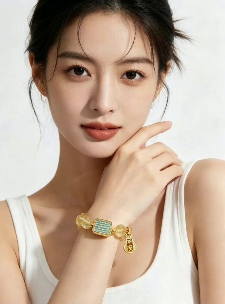 3:4 vertical styling short video showing warm golden citrine bracelet matching simple white casual daily outfit, partial upper body female model shot, clean white studio background