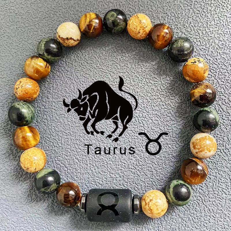 Natural obsidian, fire element, earth element in FengShui, twelve Constellations theme bracelet, Tiger Eye stone, beaded bracelet - Oriental Culture Shop