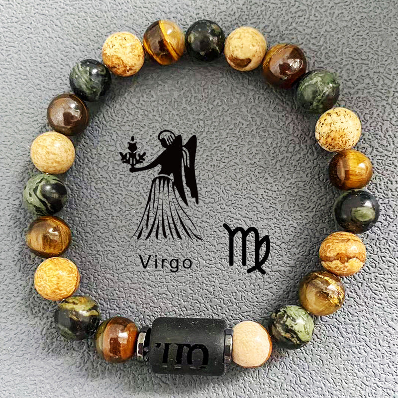 Natural obsidian, fire element, earth element in FengShui, twelve Constellations theme bracelet, Tiger Eye stone, beaded bracelet Oriental Culture Shop