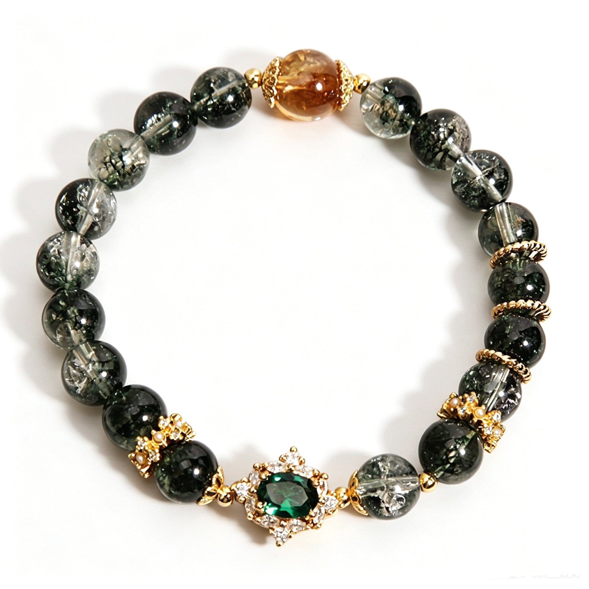 Wood Element Wooden Growth green phantom crystal bracelet, oriental five elements aesthetic women jewelry with emerald inlaid ornament and golden rutilated bead, plain solid white background e-commerce main product shot