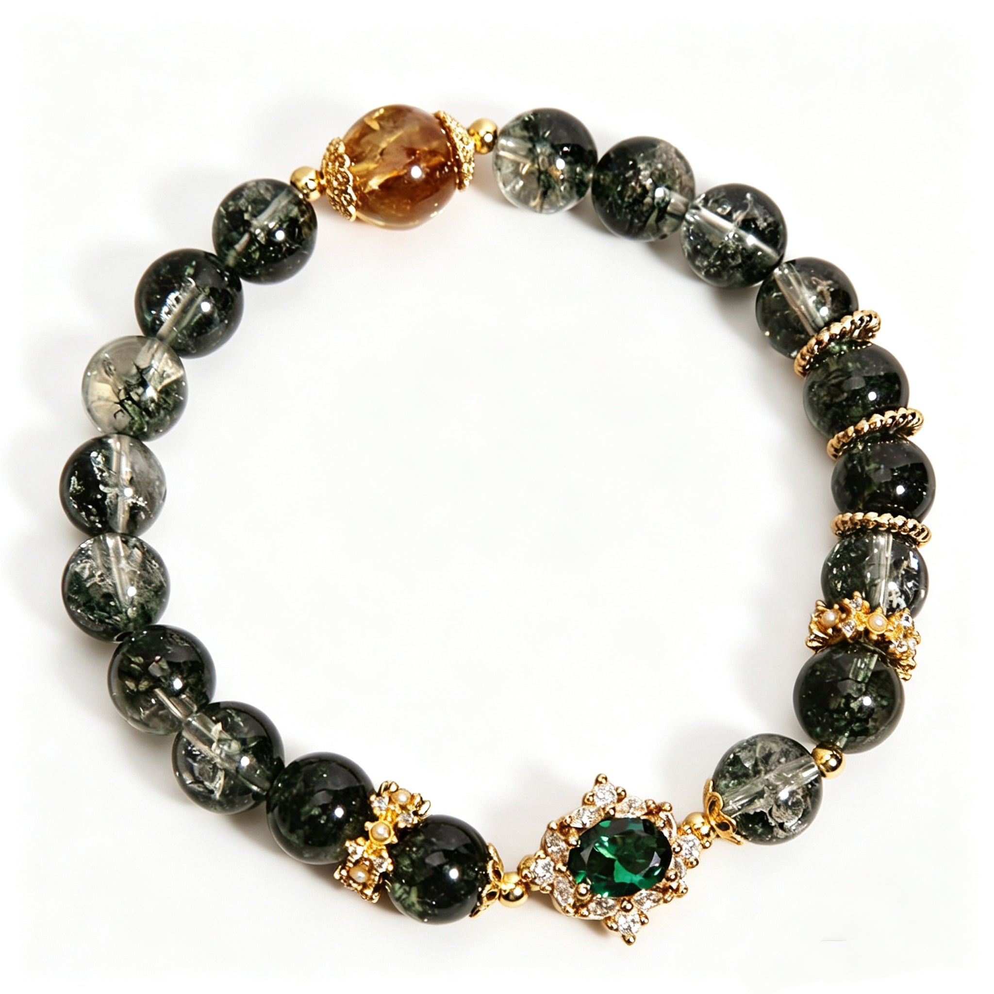 Wood Element Wooden Growth green phantom crystal bracelet, oriental five elements aesthetic women jewelry with emerald inlaid ornament and golden rutilated bead, plain solid white background e-commerce main product shot