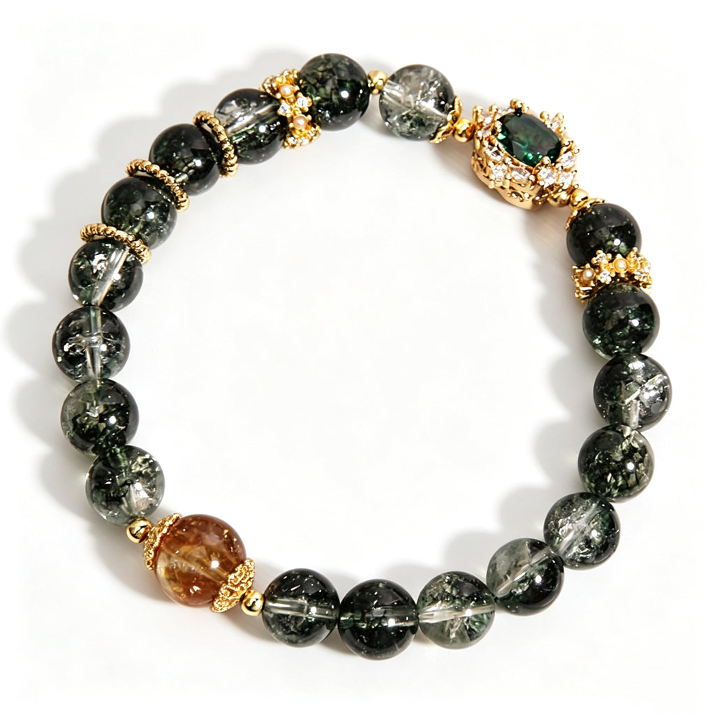 Extreme close-up of natural green phantom crystal with green moss inclusions, wooden growth series women bracelet texture detail, solid white backdrop