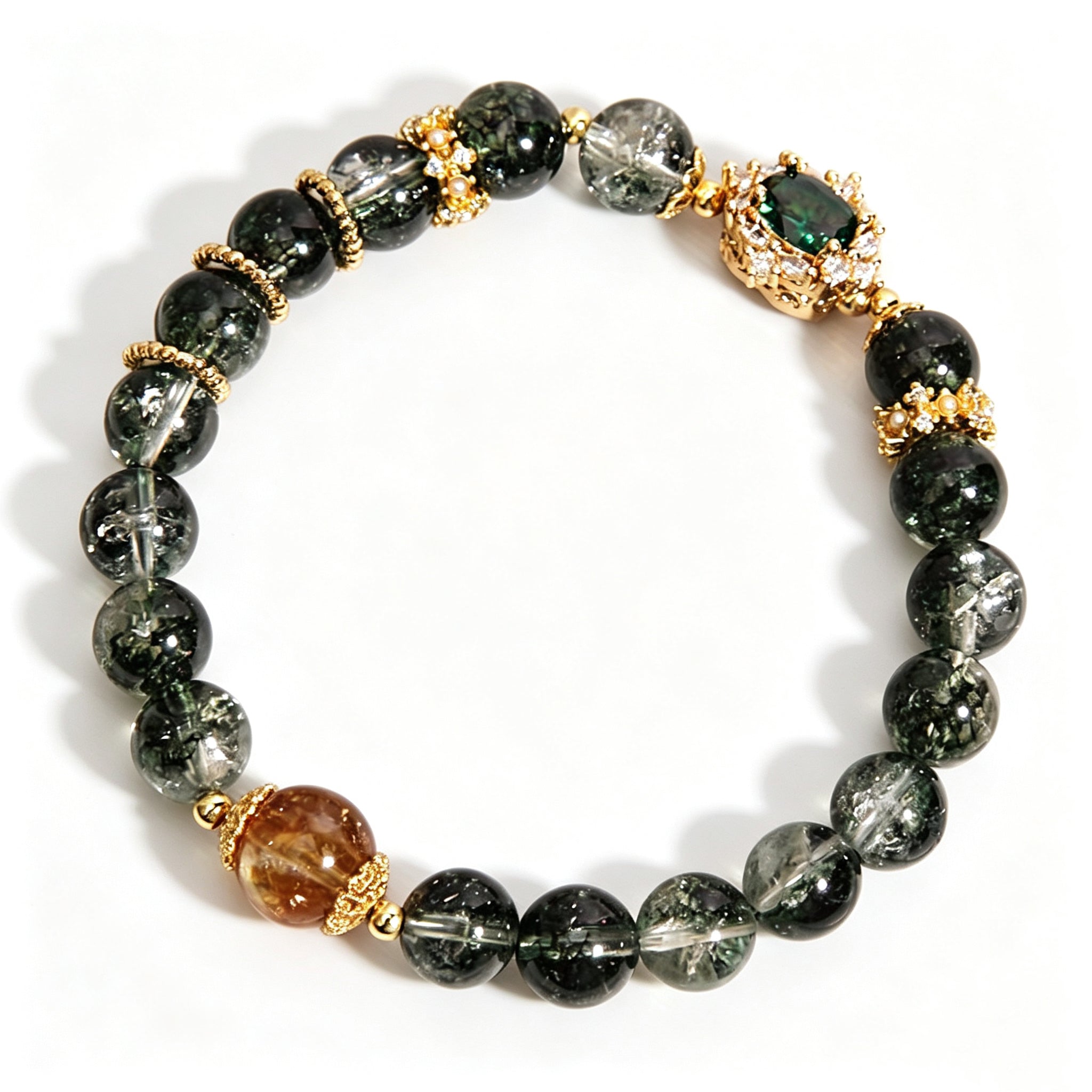 Extreme close-up of natural green phantom crystal with green moss inclusions, wooden growth series women bracelet texture detail, solid white backdrop