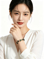 Upper body portrait of woman in plain white outfit wearing Wooden Growth green phantom bracelet, only this single wrist jewelry, no extra accessories, solid white background oriental fashion display